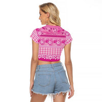 Hawaiian Hibiscus Honu Raglan Cropped T Shirt Pink Mele Kalikimaka Palaka Spirit - Polynesian Pride