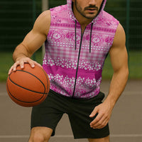Hawaiian Hibiscus Honu Sleeveless Zip Hoodie Pink Mele Kalikimaka Palaka Spirit - Polynesian Pride