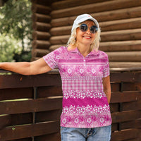 Hawaiian Hibiscus Honu Women Polo Shirt Pink Mele Kalikimaka Palaka Spirit LT9 - Polynesian Pride