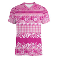Hawaiian Hibiscus Honu Women V-Neck T-Shirt Pink Mele Kalikimaka Palaka Spirit LT9 Female Pink - Polynesian Pride