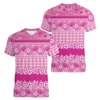 Hawaiian Hibiscus Honu Women V-Neck T-Shirt Pink Mele Kalikimaka Palaka Spirit LT9 - Polynesian Pride