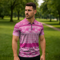Hawaiian Hibiscus Honu Zipper Polo Shirt Pink Mele Kalikimaka Palaka Spirit - Polynesian Pride