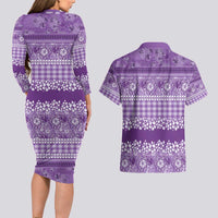Hawaiian Hibiscus Honu Couples Matching Long Sleeve Bodycon Dress and Hawaiian Shirt Purple Mele Kalikimaka Palaka Spirit LT9 - Polynesian Pride