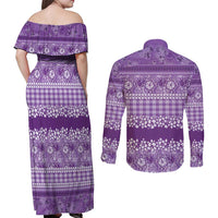 Hawaiian Hibiscus Honu Couples Matching Off Shoulder Maxi Dress and Long Sleeve Button Shirt Purple Mele Kalikimaka Palaka Spirit - Polynesian Pride