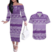 Hawaiian Hibiscus Honu Couples Matching Off The Shoulder Long Sleeve Dress and Hawaiian Shirt Purple Mele Kalikimaka Palaka Spirit LT9 Purple - Polynesian Pride