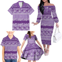 Hawaiian Hibiscus Honu Family Matching Off The Shoulder Long Sleeve Dress and Hawaiian Shirt Purple Mele Kalikimaka Palaka Spirit LT9 - Polynesian Pride