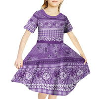 Hawaiian Hibiscus Honu Kid Short Sleeve Dress Purple Mele Kalikimaka Palaka Spirit - Polynesian Pride