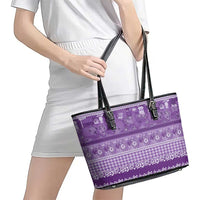Hawaiian Hibiscus Honu Leather Tote Bag Purple Mele Kalikimaka Palaka Spirit - Polynesian Pride