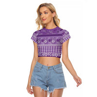 Hawaiian Hibiscus Honu Raglan Cropped T Shirt Purple Mele Kalikimaka Palaka Spirit - Polynesian Pride
