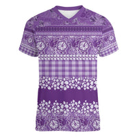 Hawaiian Hibiscus Honu Women V-Neck T-Shirt Purple Mele Kalikimaka Palaka Spirit LT9 Female Purple - Polynesian Pride