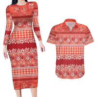 Hawaiian Hibiscus Honu Couples Matching Long Sleeve Bodycon Dress and Hawaiian Shirt Red Mele Kalikimaka Palaka Spirit LT9 Red - Polynesian Pride