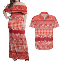 Hawaiian Hibiscus Honu Couples Matching Off Shoulder Maxi Dress and Hawaiian Shirt Red Mele Kalikimaka Palaka Spirit LT9 Red - Polynesian Pride