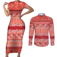 Hawaiian Hibiscus Honu Couples Matching Short Sleeve Bodycon Dress and Long Sleeve Button Shirt Red Mele Kalikimaka Palaka Spirit - Polynesian Pride