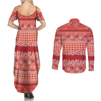 Hawaiian Hibiscus Honu Couples Matching Summer Maxi Dress and Long Sleeve Button Shirt Red Mele Kalikimaka Palaka Spirit LT9 - Polynesian Pride
