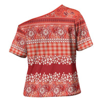 Hawaiian Hibiscus Honu Cross Shoulder Shirt Red Mele Kalikimaka Palaka Spirit - Polynesian Pride