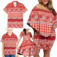 Hawaiian Hibiscus Honu Family Matching Off Shoulder Short Dress and Hawaiian Shirt Red Mele Kalikimaka Palaka Spirit - Polynesian Pride