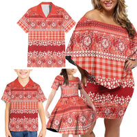 Hawaiian Hibiscus Honu Family Matching Off Shoulder Short Dress and Hawaiian Shirt Red Mele Kalikimaka Palaka Spirit LT9 - Polynesian Pride