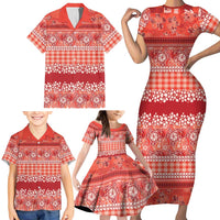 Hawaiian Hibiscus Honu Family Matching Short Sleeve Bodycon Dress and Hawaiian Shirt Red Mele Kalikimaka Palaka Spirit LT9 - Polynesian Pride