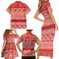 Hawaiian Hibiscus Honu Family Matching Short Sleeve Bodycon Dress and Hawaiian Shirt Red Mele Kalikimaka Palaka Spirit LT9 - Polynesian Pride