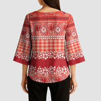 Hawaiian Hibiscus Honu Kimono Sleeve Blouse Red Mele Kalikimaka Palaka Spirit - Polynesian Pride