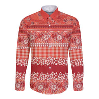 Hawaiian Hibiscus Honu Long Sleeve Button Shirt Red Mele Kalikimaka Palaka Spirit - Polynesian Pride