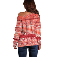 Hawaiian Hibiscus Honu Off Shoulder Sweater Red Mele Kalikimaka Palaka Spirit - Polynesian Pride