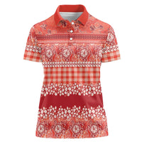 Hawaiian Hibiscus Honu Women Polo Shirt Red Mele Kalikimaka Palaka Spirit - Polynesian Pride