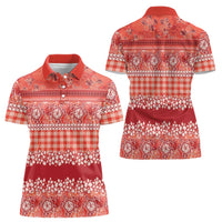 Hawaiian Hibiscus Honu Women Polo Shirt Red Mele Kalikimaka Palaka Spirit - Polynesian Pride