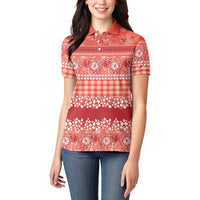 Hawaiian Hibiscus Honu Women Polo Shirt Red Mele Kalikimaka Palaka Spirit - Polynesian Pride