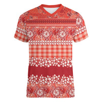 Hawaiian Hibiscus Honu Women V-Neck T-Shirt Red Mele Kalikimaka Palaka Spirit LT9 Female Red - Polynesian Pride