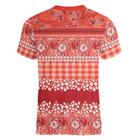 Hawaiian Hibiscus Honu Women V-Neck T-Shirt Red Mele Kalikimaka Palaka Spirit LT9 - Polynesian Pride