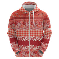 Hawaiian Hibiscus Honu Zip Hoodie Red Mele Kalikimaka Palaka Spirit - Polynesian Pride