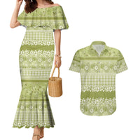 Hawaiian Hibiscus Honu Couples Matching Mermaid Dress and Hawaiian Shirt Sage Green Mele Kalikimaka Palaka Spirit - Polynesian Pride