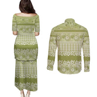 Hawaiian Hibiscus Honu Couples Matching Puletasi and Long Sleeve Button Shirt Sage Green Mele Kalikimaka Palaka Spirit LT9 - Polynesian Pride