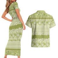 Hawaiian Hibiscus Honu Couples Matching Short Sleeve Bodycon Dress and Hawaiian Shirt Sage Green Mele Kalikimaka Palaka Spirit - Polynesian Pride