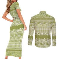 Hawaiian Hibiscus Honu Couples Matching Short Sleeve Bodycon Dress and Long Sleeve Button Shirt Sage Green Mele Kalikimaka Palaka Spirit LT9 - Polynesian Pride