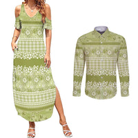 Hawaiian Hibiscus Honu Couples Matching Summer Maxi Dress and Long Sleeve Button Shirt Sage Green Mele Kalikimaka Palaka Spirit LT9 Sage Green - Polynesian Pride