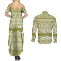 Hawaiian Hibiscus Honu Couples Matching Summer Maxi Dress and Long Sleeve Button Shirt Sage Green Mele Kalikimaka Palaka Spirit LT9 - Polynesian Pride