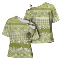 Hawaiian Hibiscus Honu Cross Shoulder Shirt Sage Green Mele Kalikimaka Palaka Spirit - Polynesian Pride