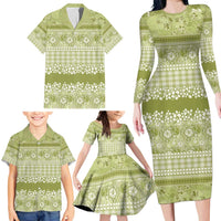 Hawaiian Hibiscus Honu Family Matching Long Sleeve Bodycon Dress and Hawaiian Shirt Sage Green Mele Kalikimaka Palaka Spirit LT9 - Polynesian Pride