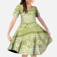 Hawaiian Hibiscus Honu Family Matching Off The Shoulder Long Sleeve Dress and Hawaiian Shirt Sage Green Mele Kalikimaka Palaka Spirit LT9 Daughter's Dress Sage Green - Polynesian Pride