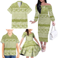 Hawaiian Hibiscus Honu Family Matching Off The Shoulder Long Sleeve Dress and Hawaiian Shirt Sage Green Mele Kalikimaka Palaka Spirit LT9 - Polynesian Pride
