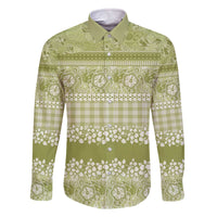 Hawaiian Hibiscus Honu Family Matching Off The Shoulder Long Sleeve Dress and Hawaiian Shirt Sage Green Mele Kalikimaka Palaka Spirit LT9 Dad's Shirt - Long Sleeve Sage Green - Polynesian Pride