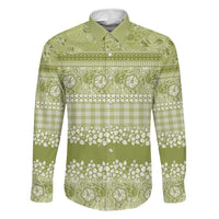 Hawaiian Hibiscus Honu Family Matching Off Shoulder Maxi Dress and Hawaiian Shirt Sage Green Mele Kalikimaka Palaka Spirit LT9 Dad's Shirt - Long Sleeve Sage Green - Polynesian Pride