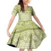 Hawaiian Hibiscus Honu Family Matching Off Shoulder Short Dress and Hawaiian Shirt Sage Green Mele Kalikimaka Palaka Spirit LT9 Daughter's Dress Sage Green - Polynesian Pride