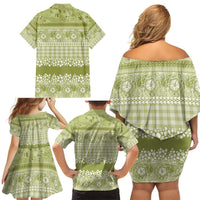 Hawaiian Hibiscus Honu Family Matching Off Shoulder Short Dress and Hawaiian Shirt Sage Green Mele Kalikimaka Palaka Spirit - Polynesian Pride