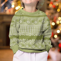 Hawaiian Hibiscus Honu Kid Ugly Christmas Sweater Sage Green Mele Kalikimaka Palaka Spirit - Polynesian Pride