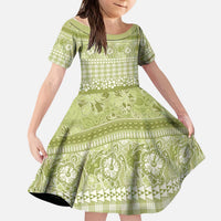 Hawaiian Hibiscus Honu Kid Short Sleeve Dress Sage Green Mele Kalikimaka Palaka Spirit - Polynesian Pride