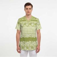 Hawaiian Hibiscus Honu Scrub Top Sage Green Mele Kalikimaka Palaka Spirit - Polynesian Pride