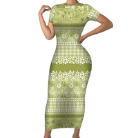 Hawaiian Hibiscus Honu Short Sleeve Bodycon Dress Sage Green Mele Kalikimaka Palaka Spirit LT9 Long Dress Sage Green - Polynesian Pride